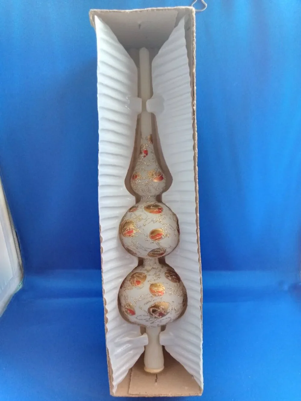Vintage glass finial Christmas tree topper frosted white with gold glitter swirl